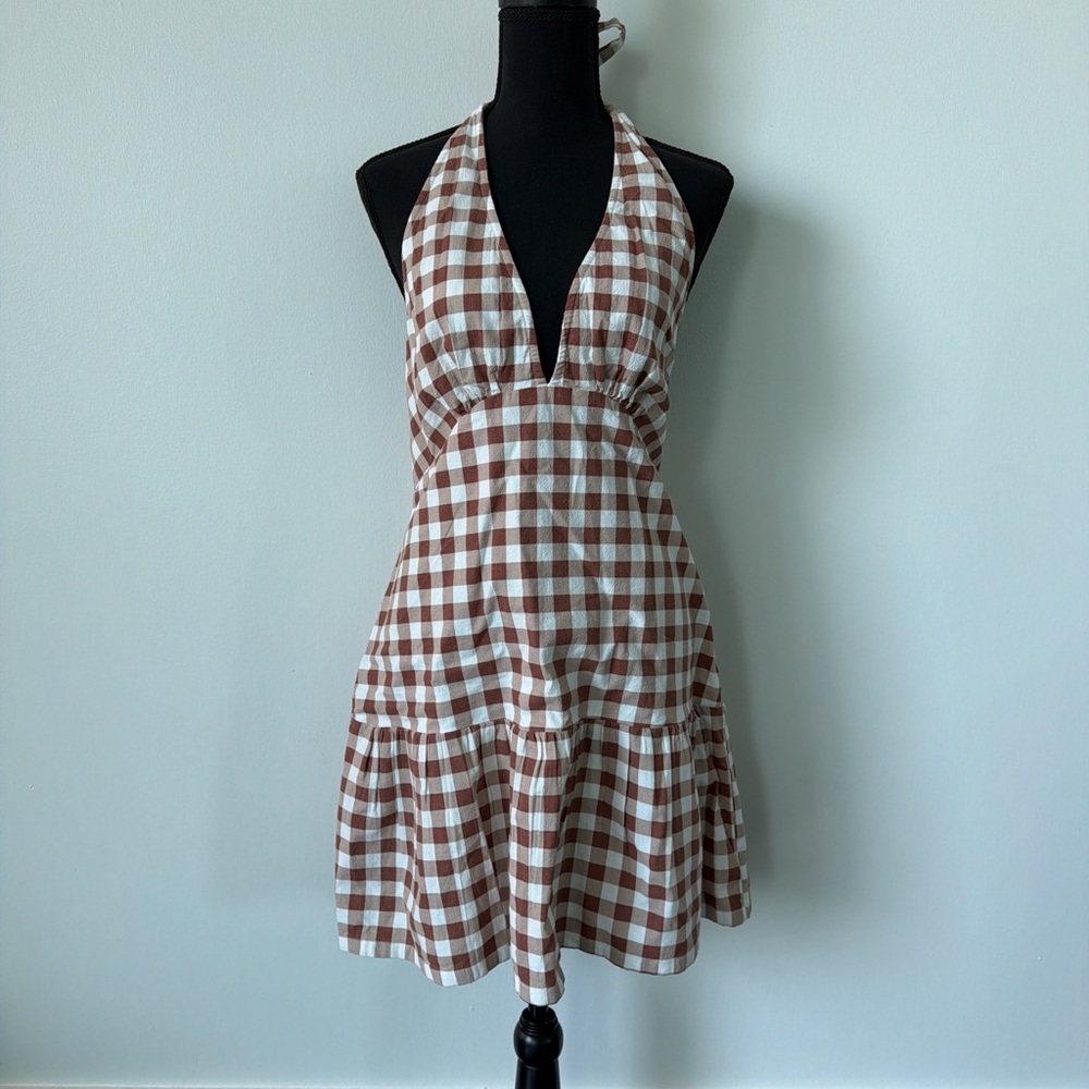 SOLD Free People Brown and White Gingham Halter Midi Dress